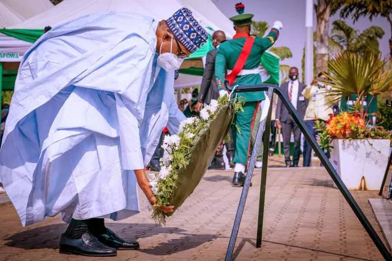 President Buhari Laying Wreath To Remember The Armed Forces