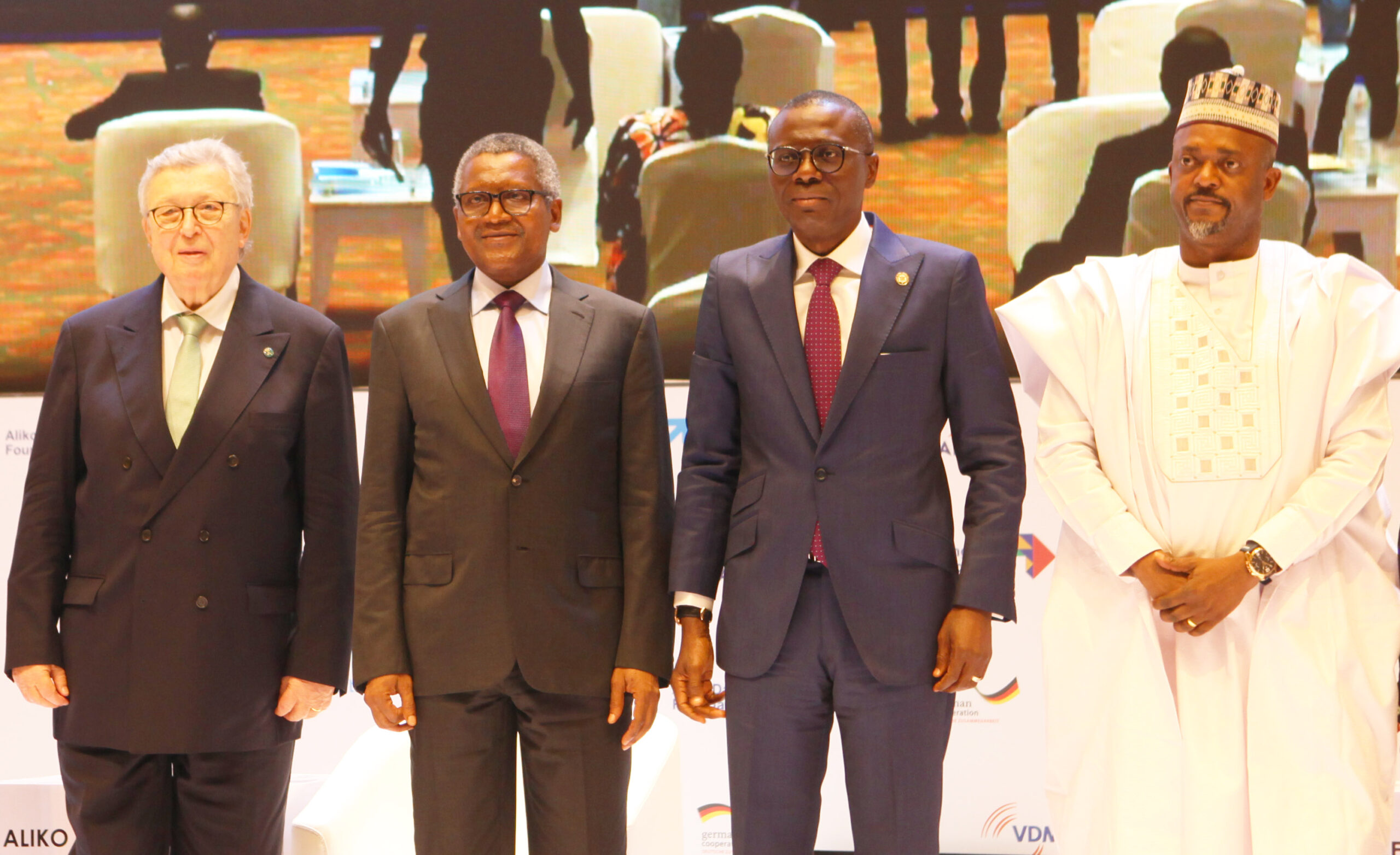 DSC_2000: L-R: Former VDMA (German Mechanical Engineering Industry Association) President and Initiator of the VDMA Initiative “Skilled Workers in Africa”, Dr. Reinhold Festge; Chairman, Aliko Dangote Foundation, Aliko Dangote; Lagos State Governor, Babajide Sanwo-Olu; and Deputy Governor of Kogi State, Edward David Onoja, at the Aliko Dangote Foundation-VDMA Technical Training Programme “tagged: Nigerian Industry meets German Engineering) launch in Lagos on Wednesday, June 2, 2021