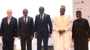 DSC_2001: L-R: Former VDMA (German Mechanical Engineering Industry Association) President and Initiator of the VDMA Initiative “Skilled Workers in Africa”, Dr. Reinhold Festge; Chairman, Aliko Dangote Foundation, Aliko Dangote; Lagos State Governor, Babajide Sanwo-Olu; Deputy Governor of Kogi State, Edward David Onoja; and President, Manufacturers Association of Nigeria, Engr. Ahmed Mansur, at the Aliko Dangote Foundation-VDMA Technical Training Programme “tagged: Nigerian Industry meets German Engineering) launch in Lagos on Wednesday, June 2, 2021