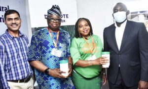 L-R: Deputy General Manager, Dangote Fertiliser Limited, Dr. Mahavir Rajawat; Chairman, Operation and Trade Promotion, LCCI, Leye Kupoloye; Chairman, Trade Marketing and Protocol, Victoria Obadina,  and Group Chief Commercial Officer, Dangote Industries Limited, Rabiu Umar during the Dangote Industries Special Day and Products Presentation at the 2021 Lagos International Trade Fair.